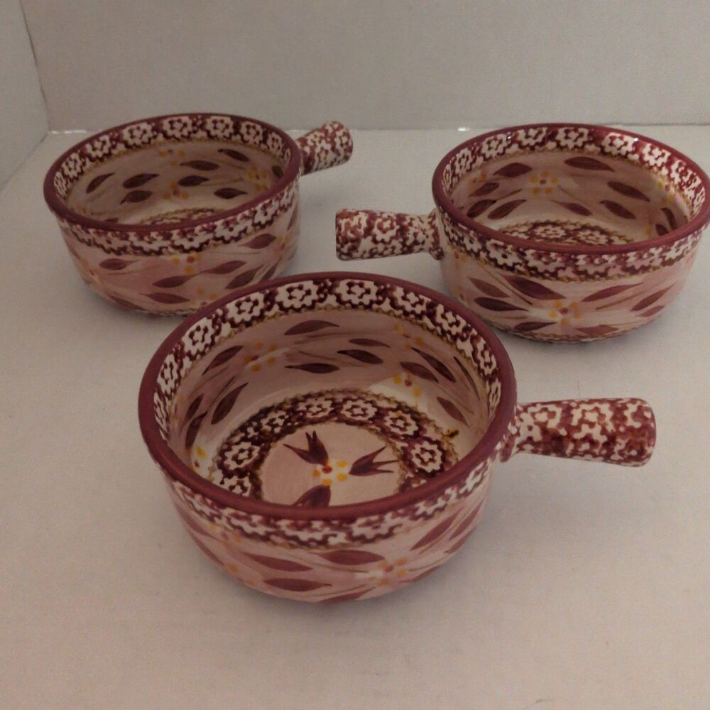 Temp-Tations By Tara Old World Cranberry Handled Soup Bowls Set of 3 Stoneware